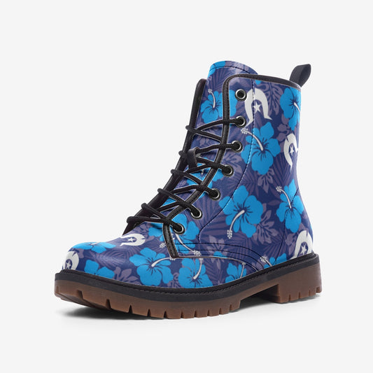 Hibiscus flowers with White Dhari (Royal blue) on Casual Leather Lightweight Boots