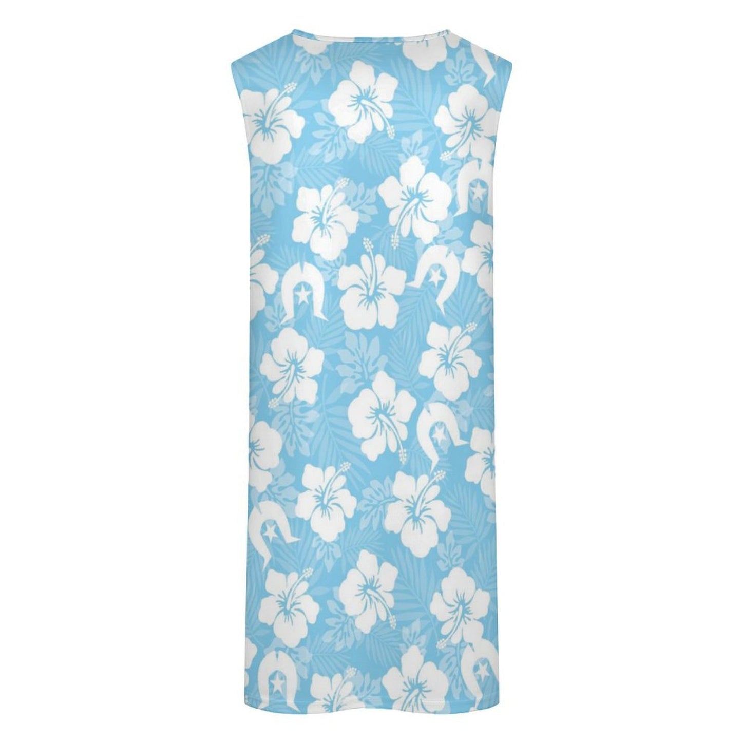 White Hibiscus and Dhari (blue) on Sleeveless Pocket Dress