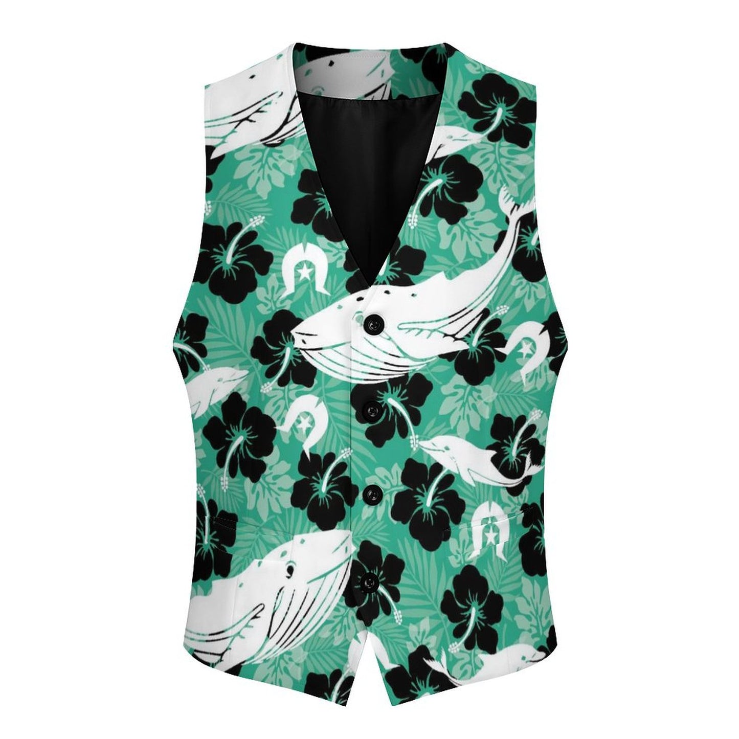 Black Hibiscus with Whale, Dolphin and Dhari on Men's Sleeveless Suit Vest