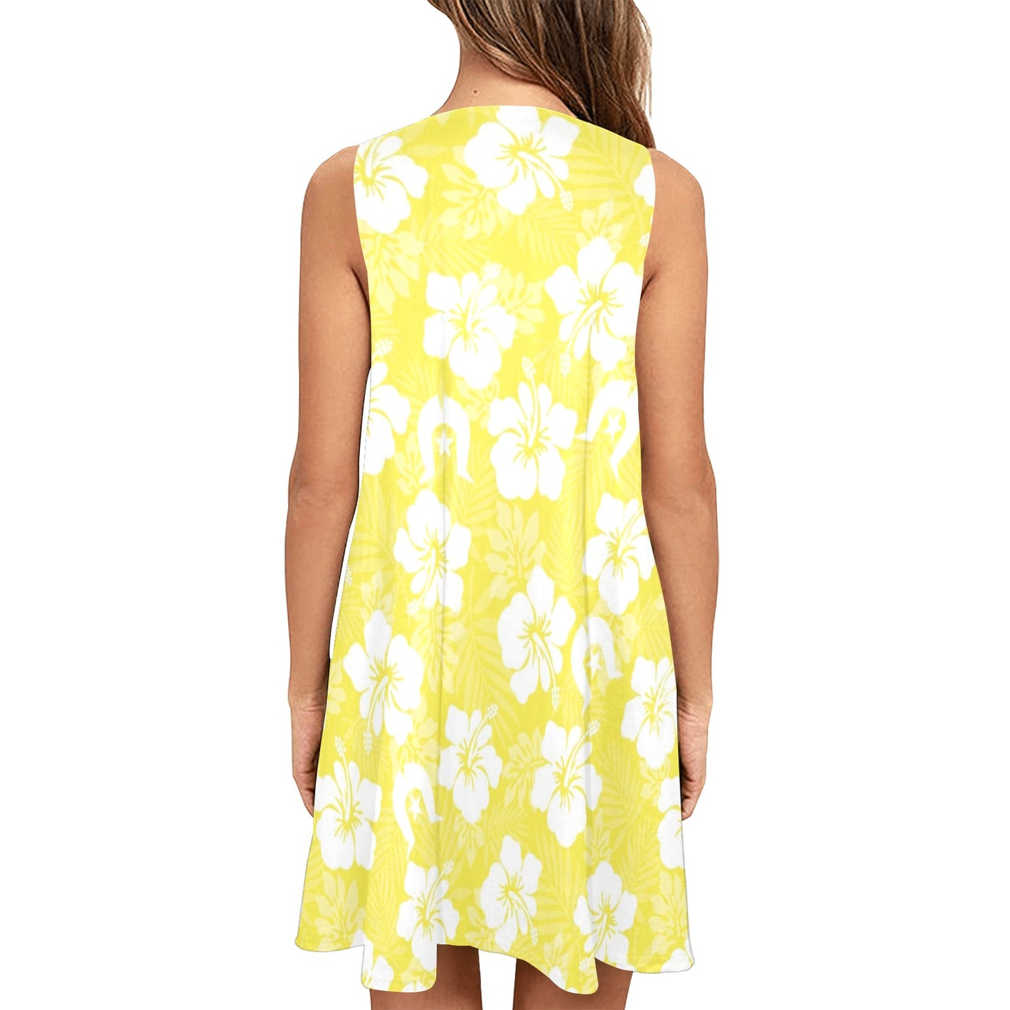 White Hibiscus flowers with Dhari (Yellow) on Sleeveless Tank Dress with Pockets