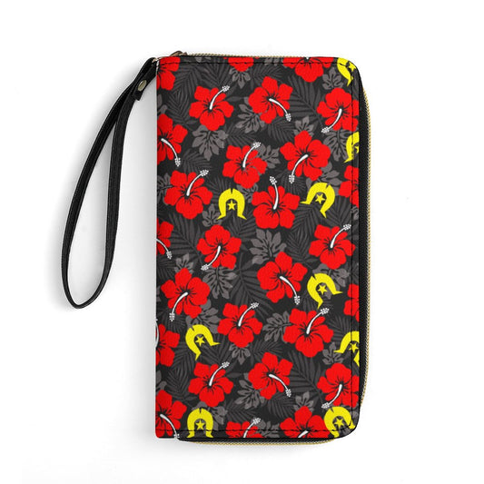 Royal Red Hibiscus with Yellow Dhari on Leather Wallet with Wristlet Strap (2 Pictures on 2 Sides)
