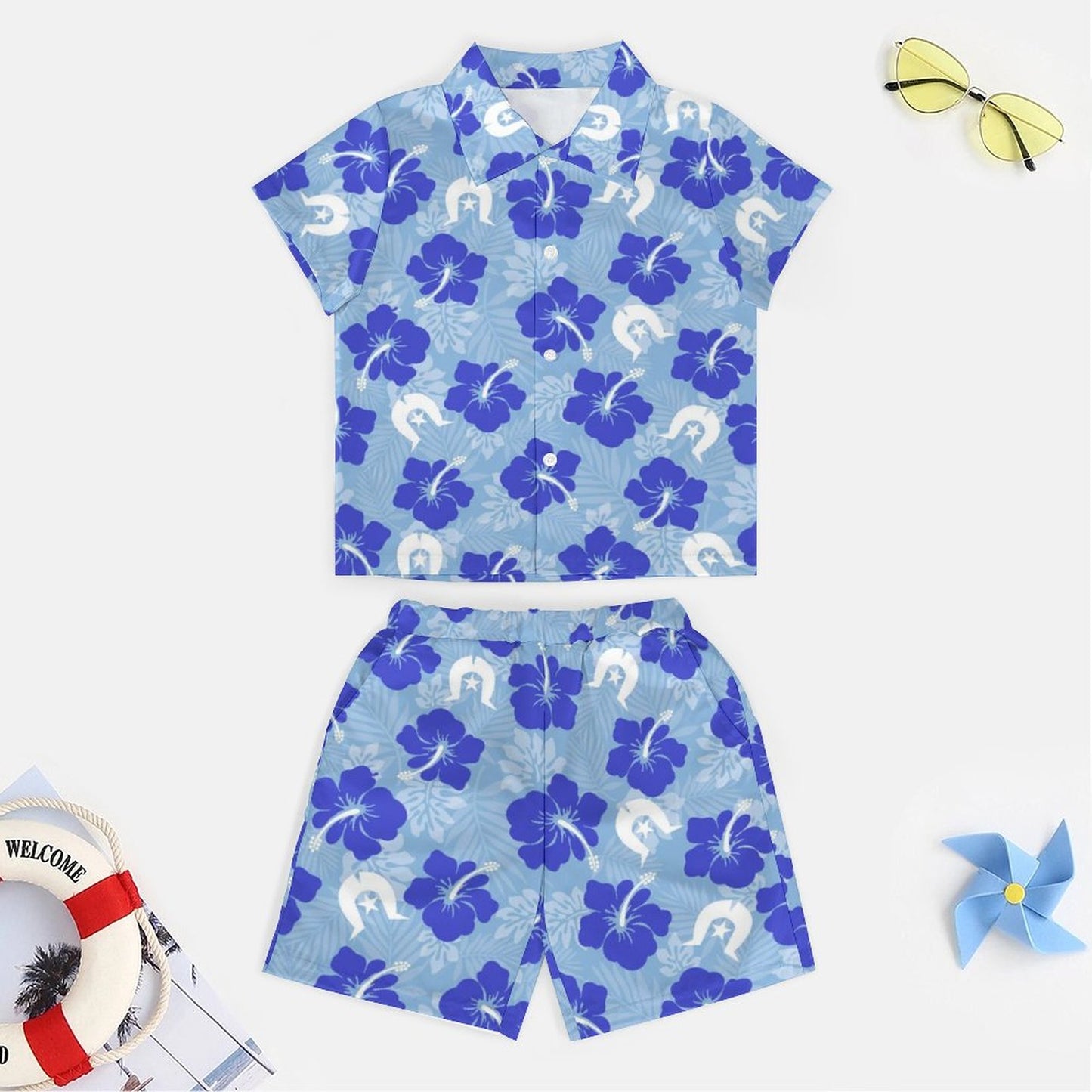 Hibiscus flowers with White Dhari (Sky blue) on Youth's/Kid's Casual Beach Outfit