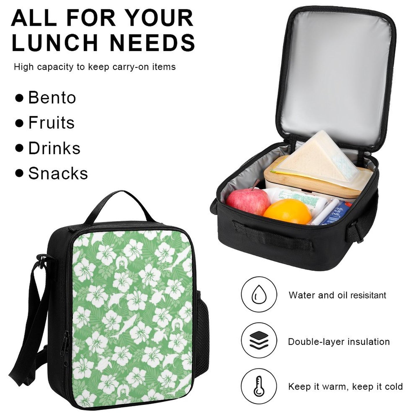 White hibiscus flowers with Dhari, Shark, turtle, and stingray (Green) on Set of 3 Bags (Shoulder Bag Lunch Bag & Pencil Pouch)