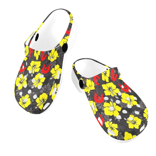 Royal yellow Hibiscus with Red Dhari on Kids Clogs
