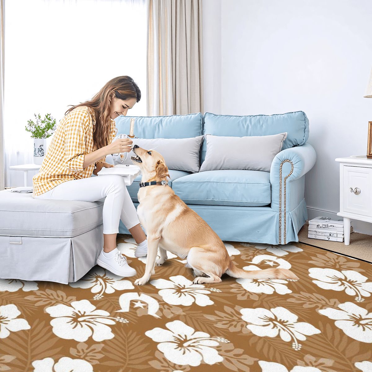 White Hibiscus flowers with Dhari (Brown) on Large Area Rug Floor Carpet