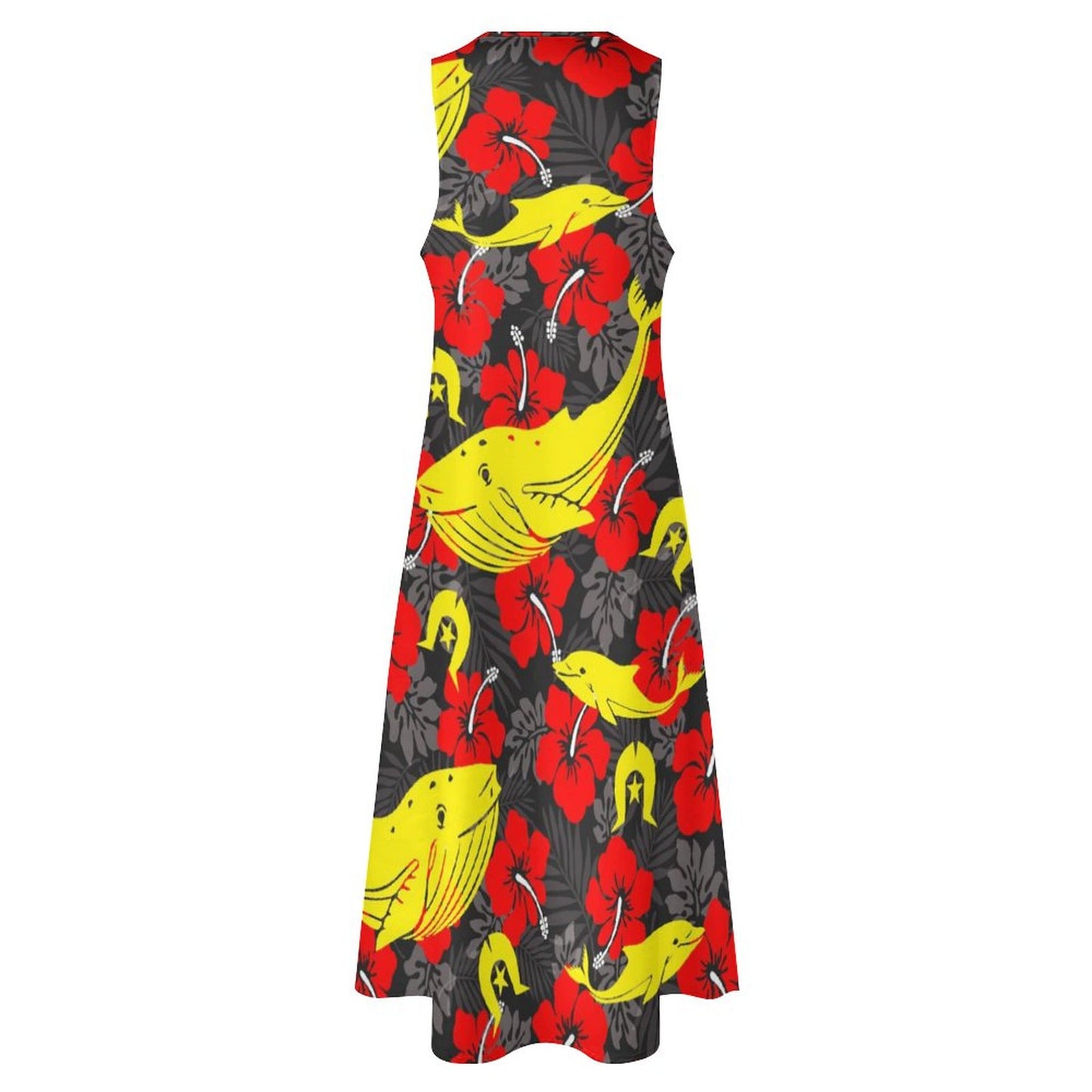 Royal Red Hibiscus with Yellow Dhari, Whale and Dolphin on Sleeveless Ankle-length Dress