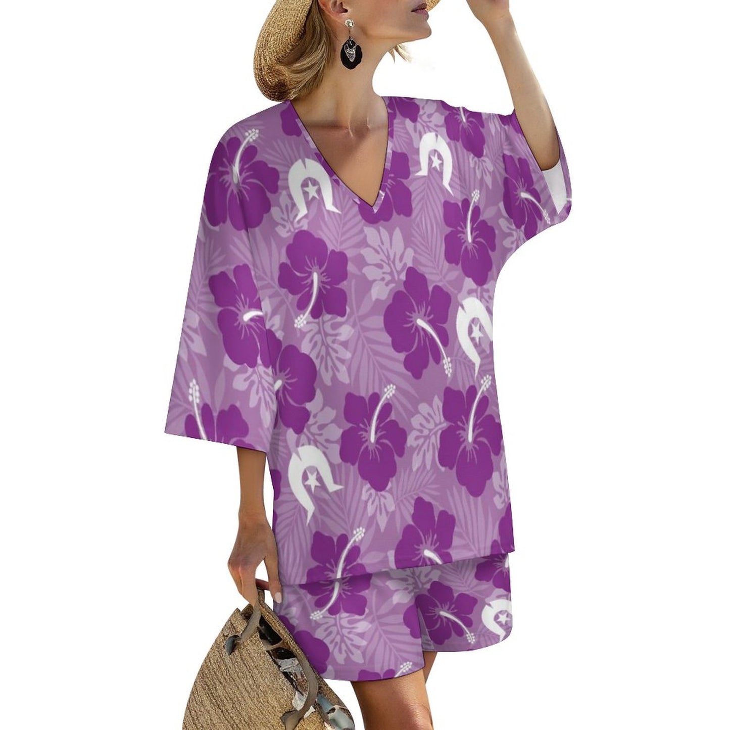 Hibiscus flowers with Dhari (Royal purple) on Mediterranean Style V-Neck Suit