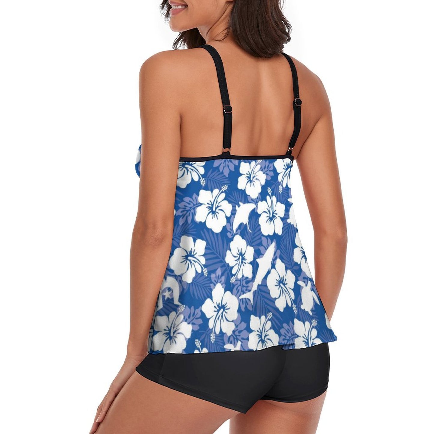 White hibiscus flowers with Dhari, Shark, turtle, and stingray on Tankini Two Piece Swimsuits