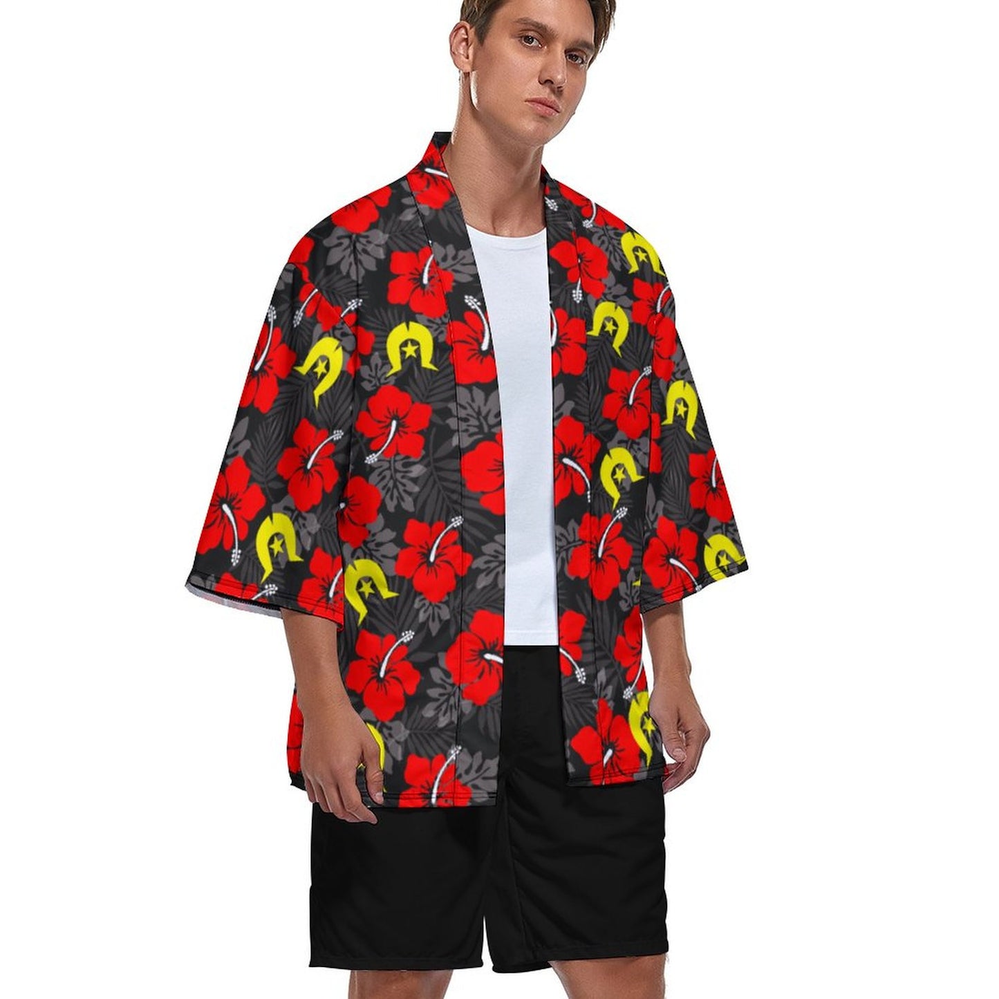 Royal Red Hibiscus with Yellow Dhari on Drop Shoulder Male Kimono Cardigan
