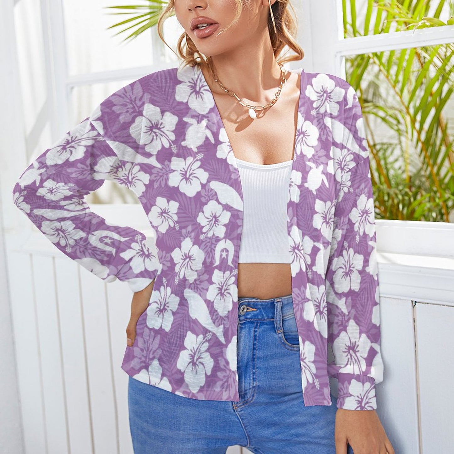 White Hibiscus flowers with Dugong, Turtle and Dhari on Long Sleeve Drop Shoulder Open Shirt