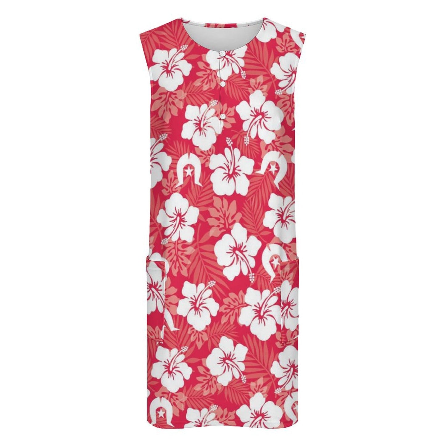 White Hibiscus flowers with Dhari (Red) on  Sleeveless Pocket Dress