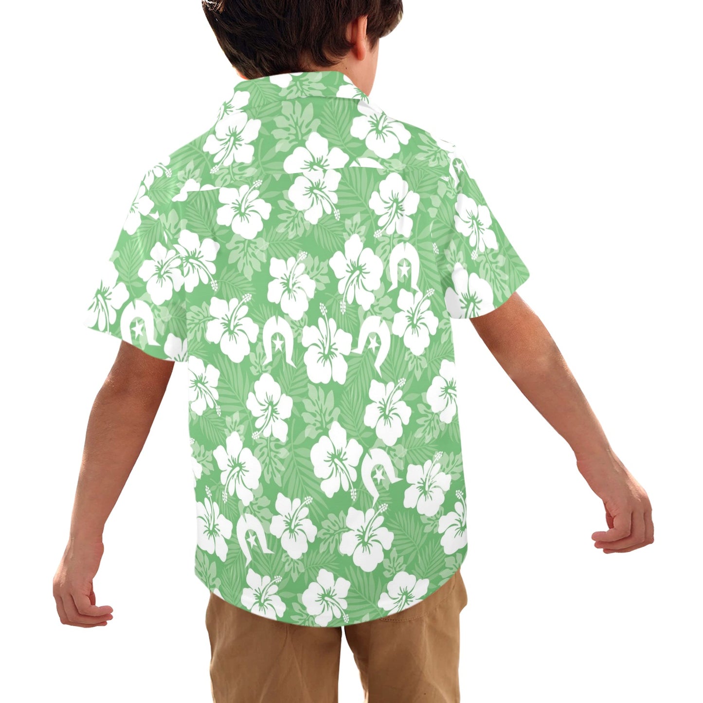 White Hibiscus and Dhari (Green) on Little Boys' Hawaiian Shirt