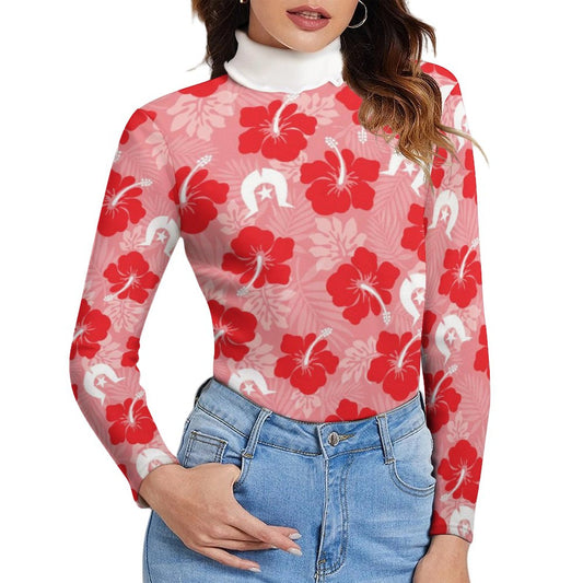 Hibiscus flowers with Dhari (Royal Pink) on Women Long Sleeve Turtleneck Sweater