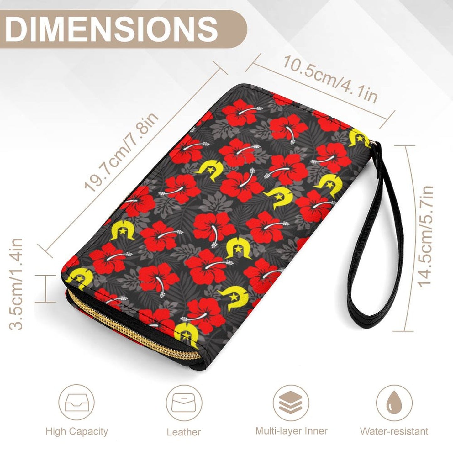 Royal Red Hibiscus with Yellow Dhari on Leather Wallet with Wristlet Strap (2 Pictures on 2 Sides)