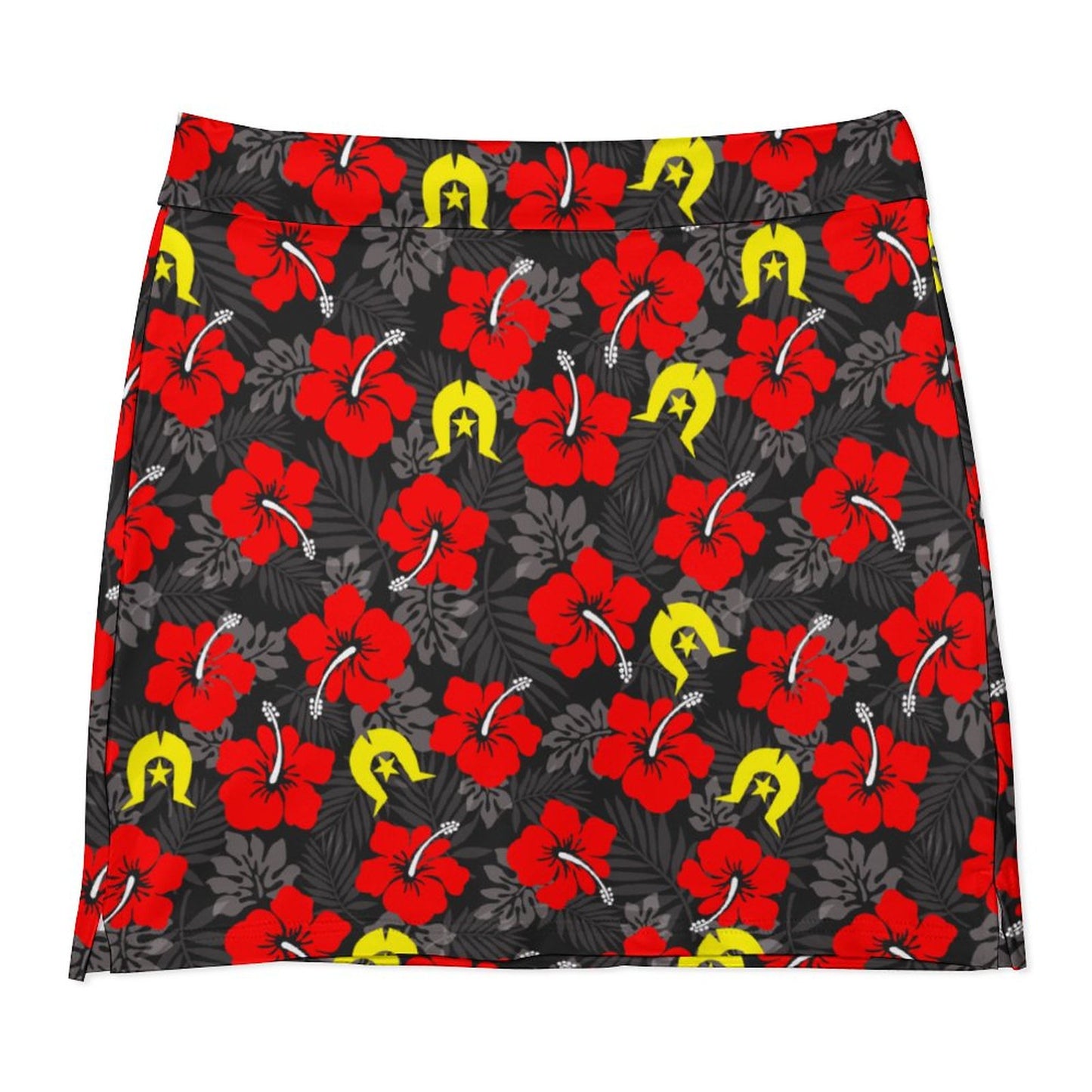 Royal Red Hibiscus with Yellow Dhari on Anti-peep Skort with Pocket AMQ