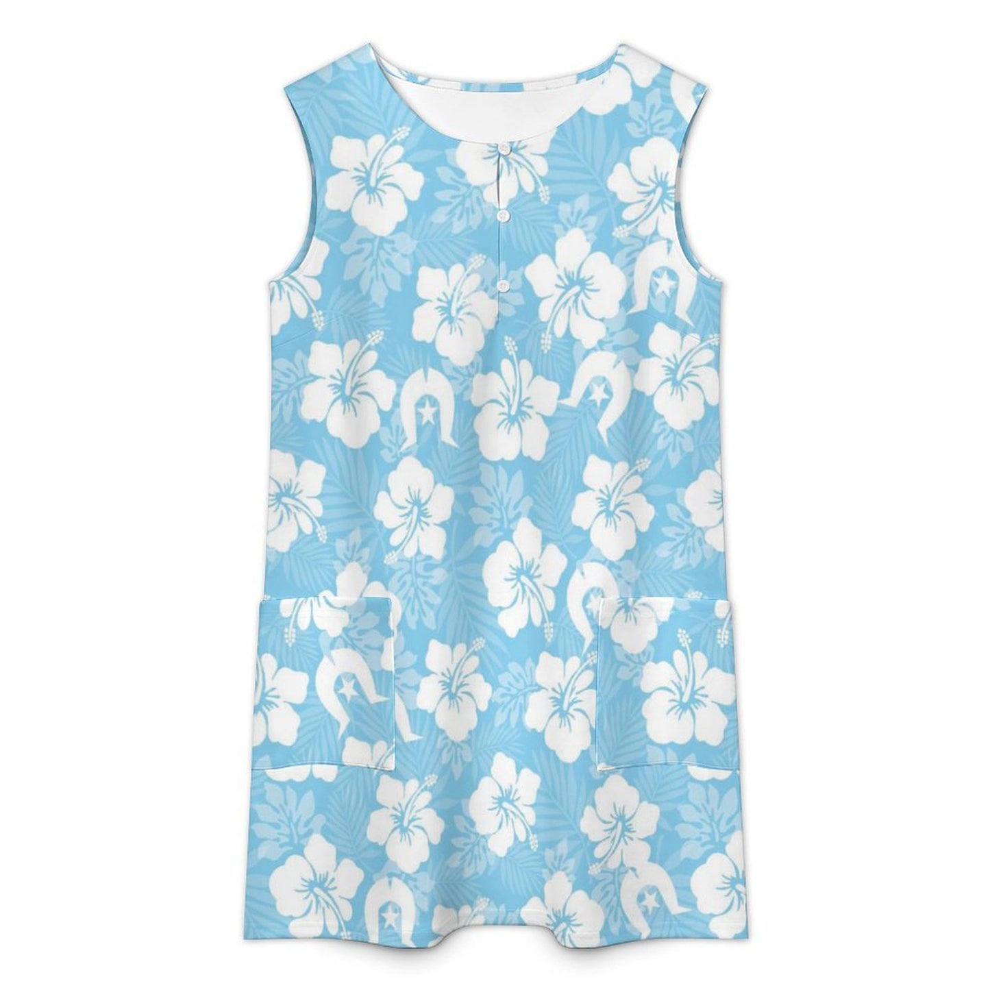 White Hibiscus and Dhari (blue) on Sleeveless Pocket Dress