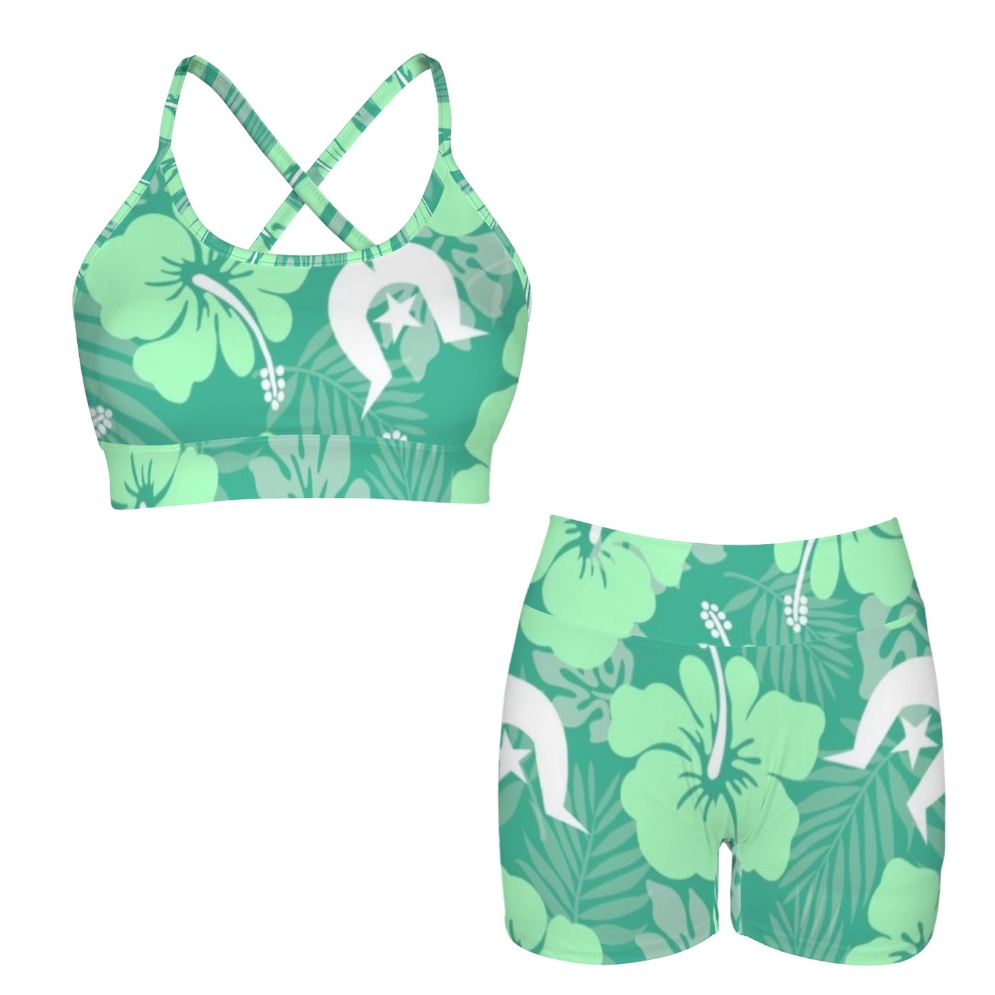 Hibiscus flowers with Dhari (Royal mint) on Cross Back String Sports Bra & High Waist Shorts Active Sets