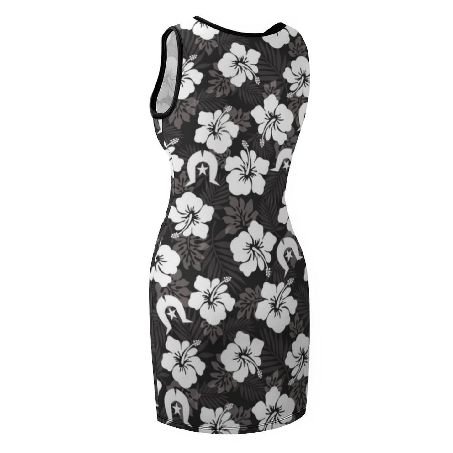 White Hibiscus and Dhari (Black) on Sleeveless Ladies Tank Dress