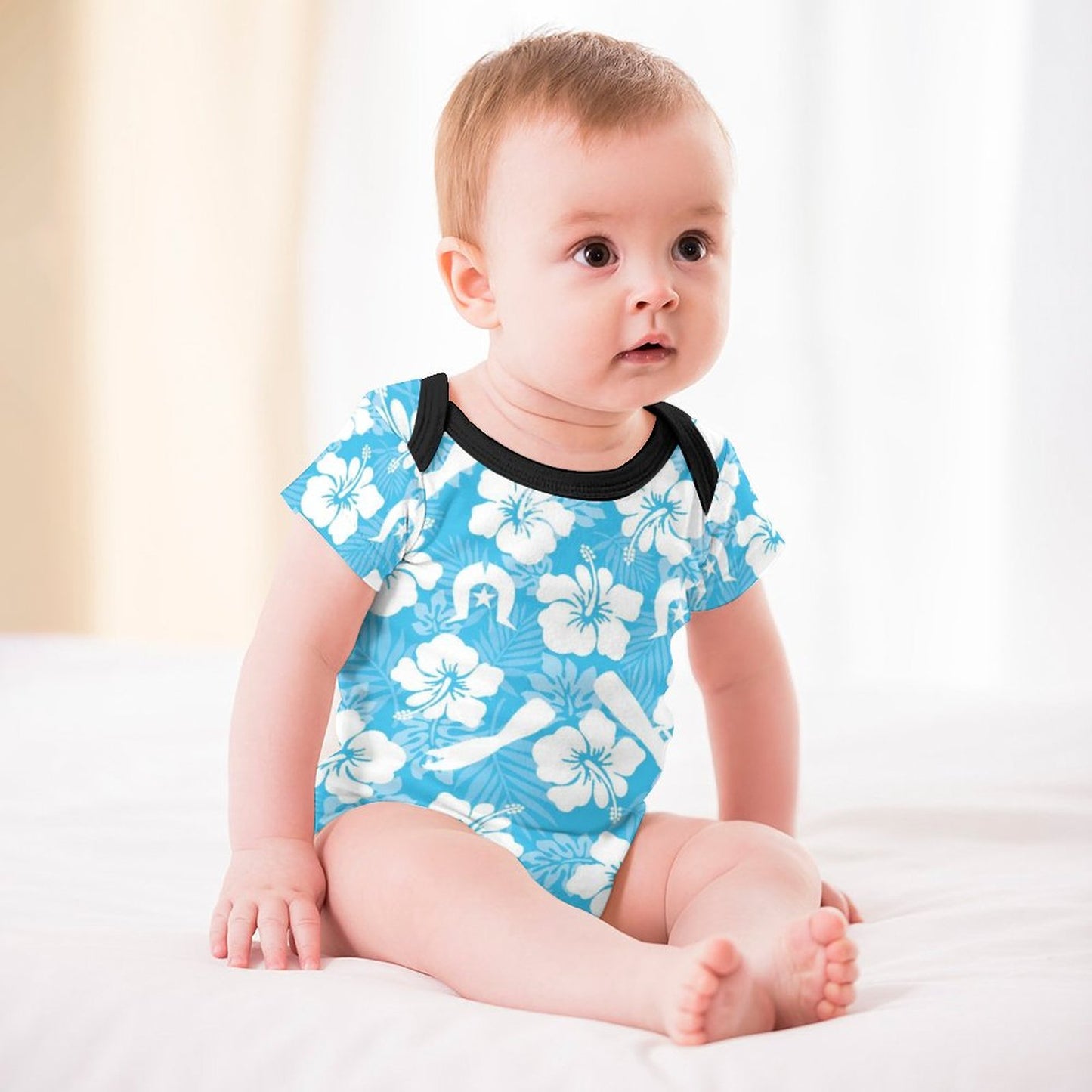 White Hibiscus flowers, Warup and Dhari on Faux Cotton Short Sleeve Baby Romper