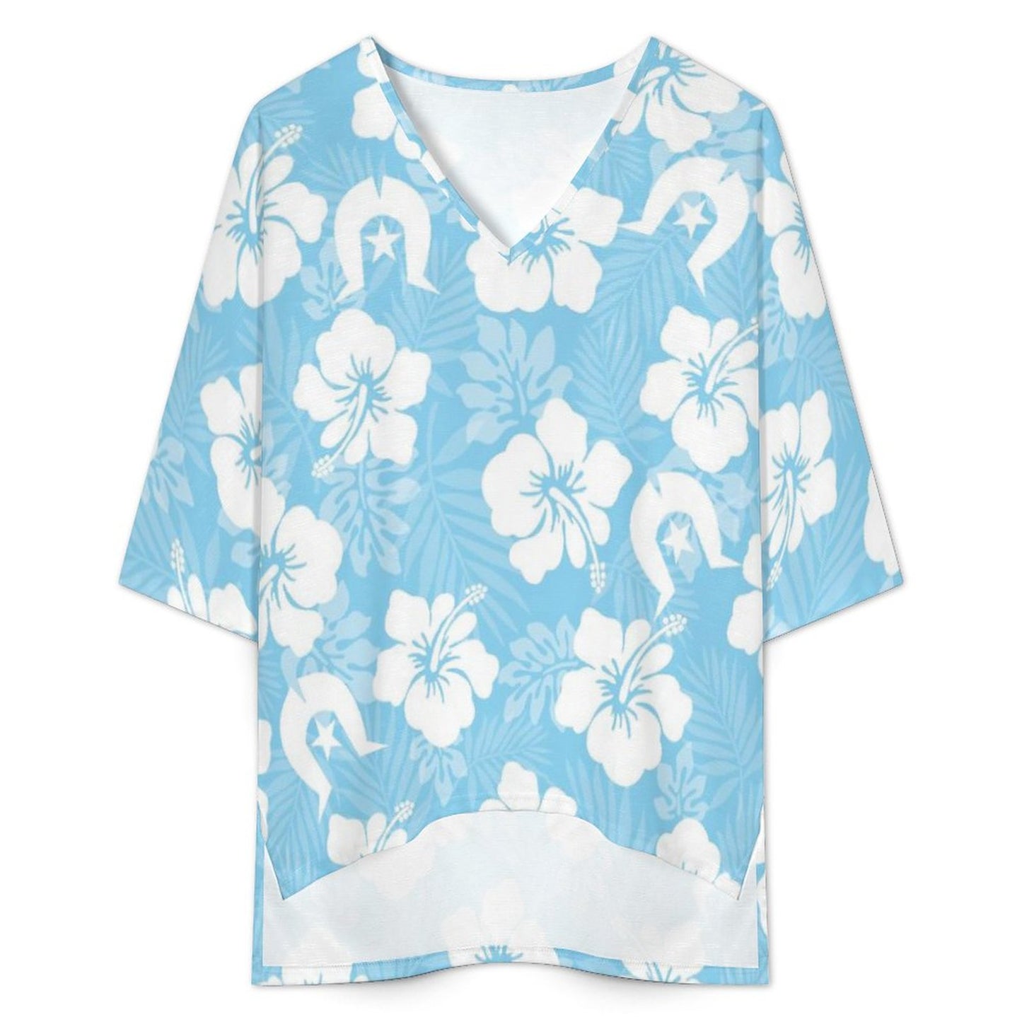 White Hibiscus and Dhari (blue) on Mediterranean Style V-Neck Suit