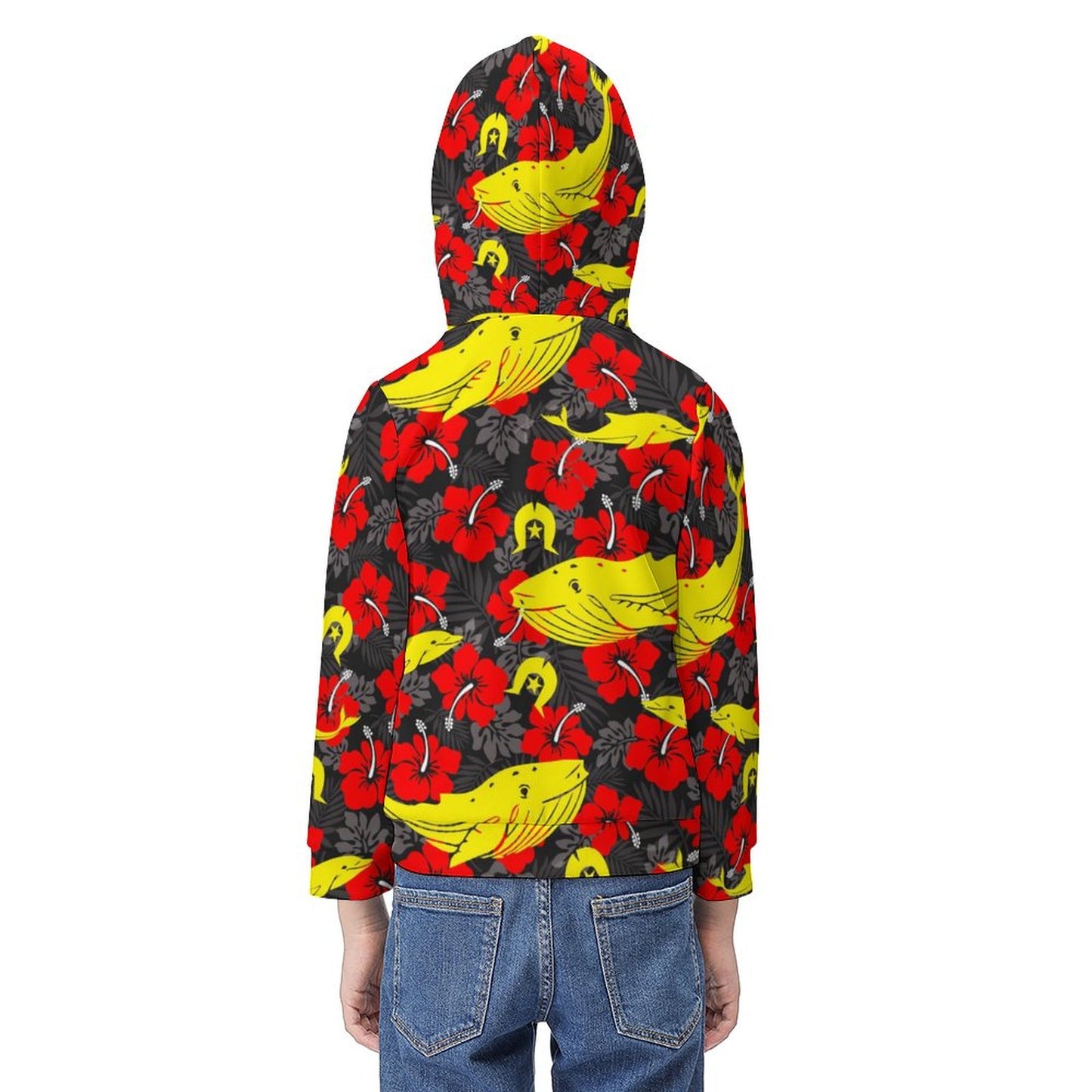 Royal Red Hibiscus with Yellow Dhari, Whale and Dolphin on Children's Hoodie