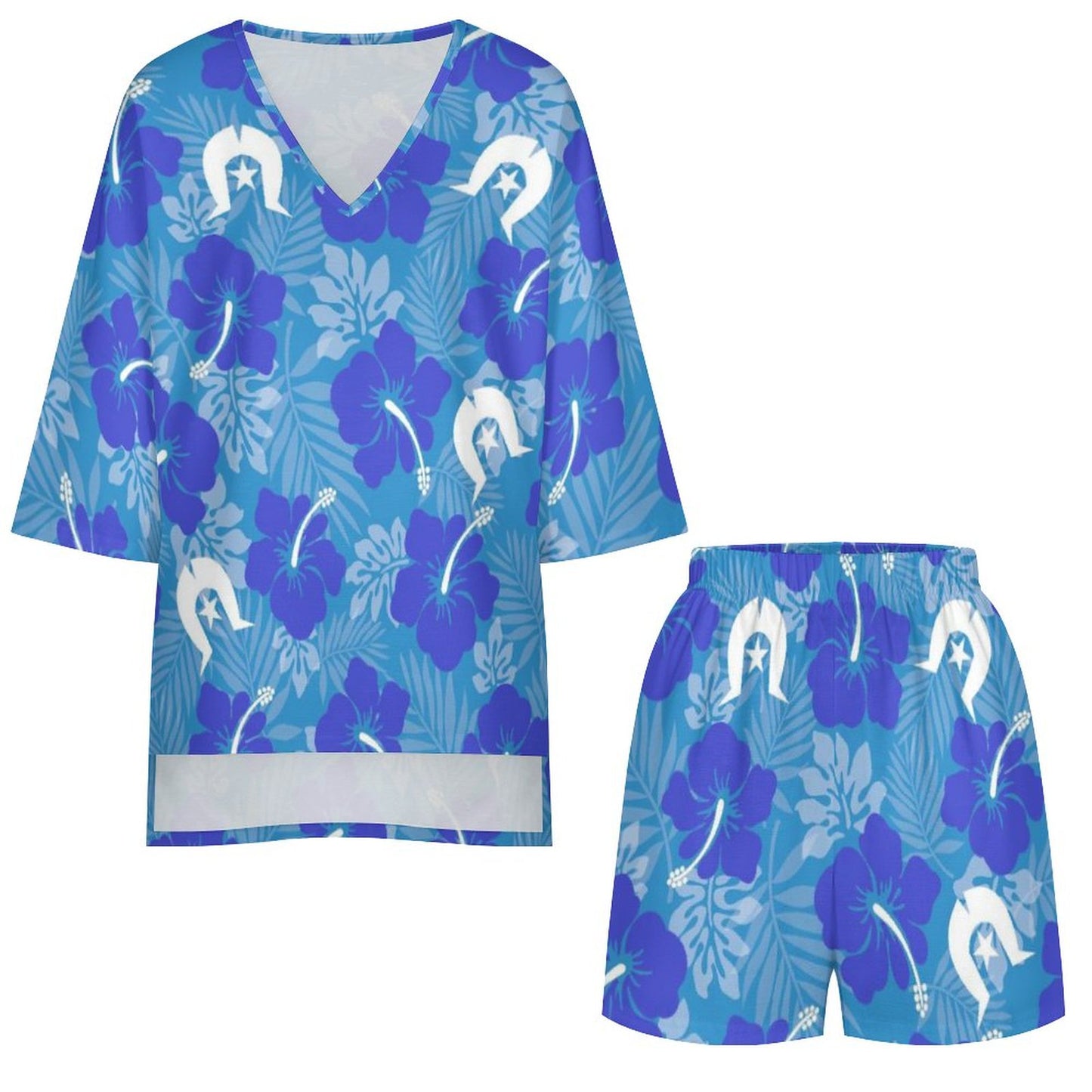 Hibiscus flowers with White Dhari (Royal blue) on Mediterranean Style V-Neck Suit