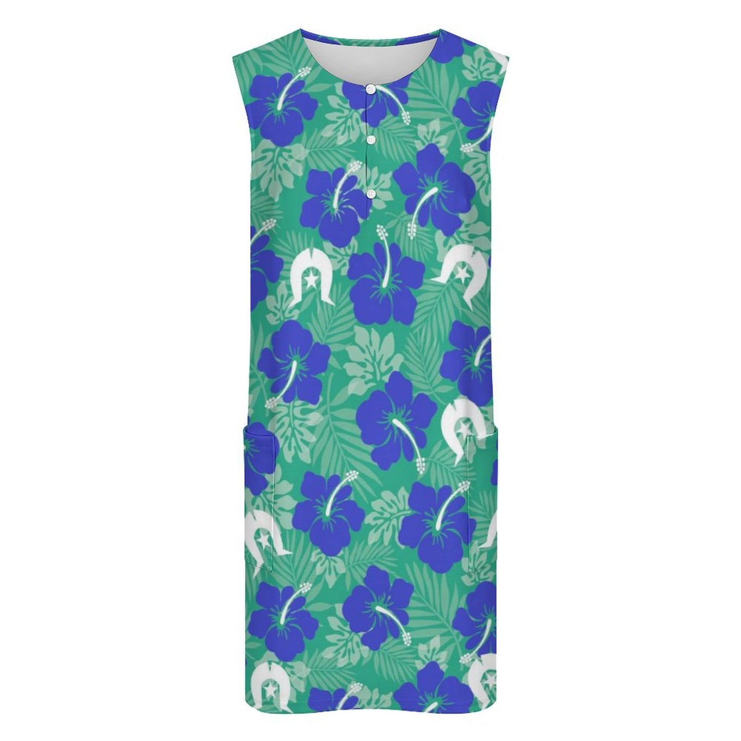 Blue Hibiscus flowers with Dhari on Sleeveless Pocket Dress
