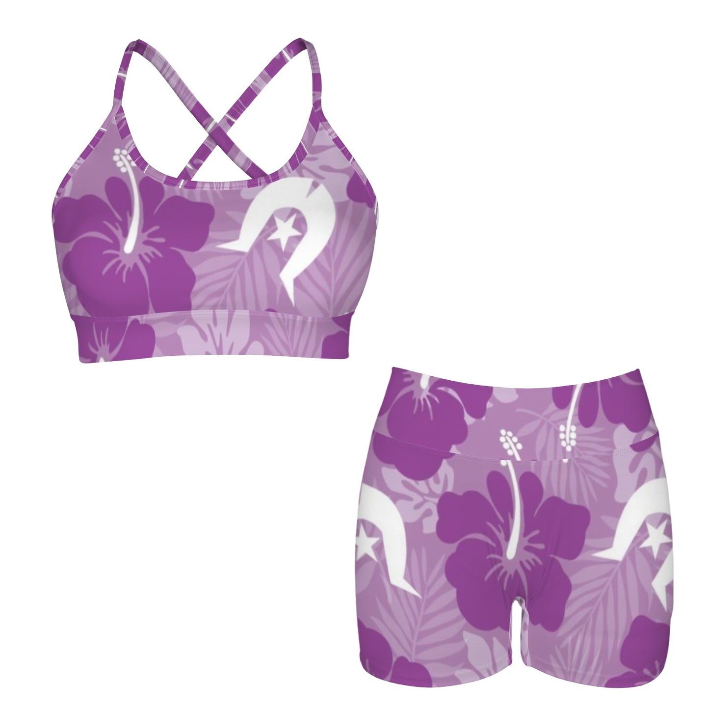 Hibiscus flowers with Dhari (Royal purple) on Cross Back String Sports Bra & High Waist Shorts Active Sets