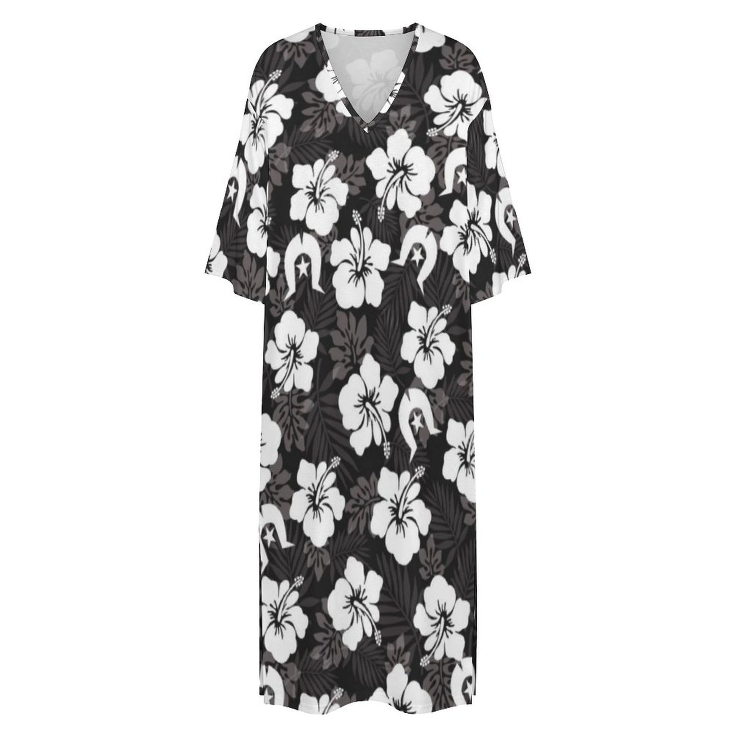 White Hibiscus and Dhari (Black) on Mediterranean Style V Neck Mid-Sleeve Robe