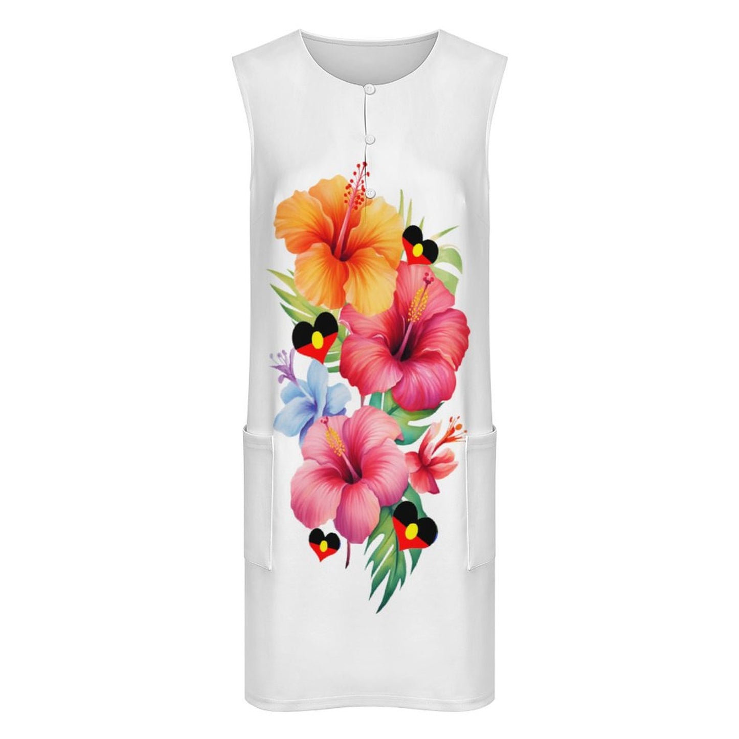 Hibiscus flowers with heart shaped Aboriginal flag on Sleeveless Pocket Dress