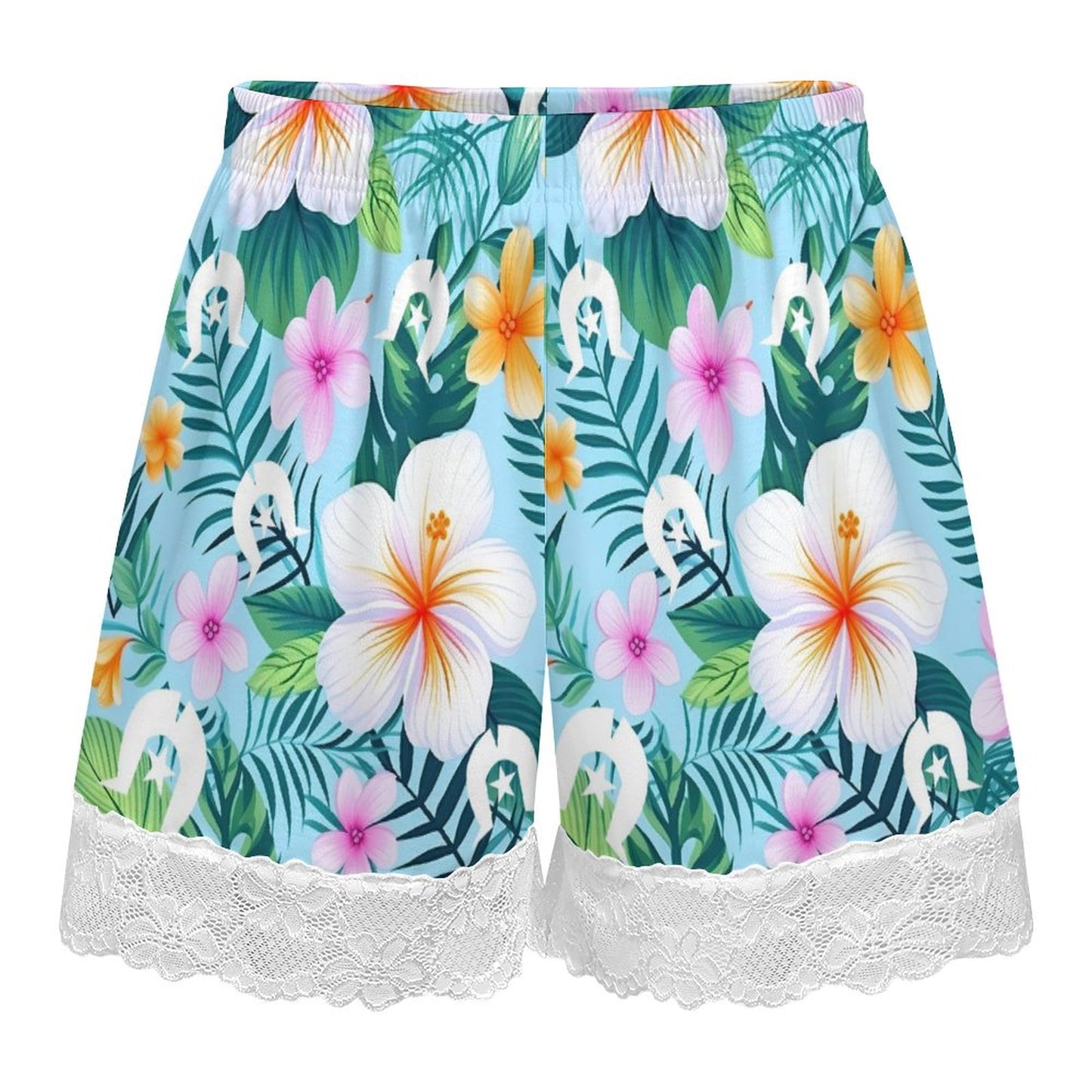 Pink Hibiscus flowers with White Dhari on 200gsm Women's Lace Trim Pajama Shorts