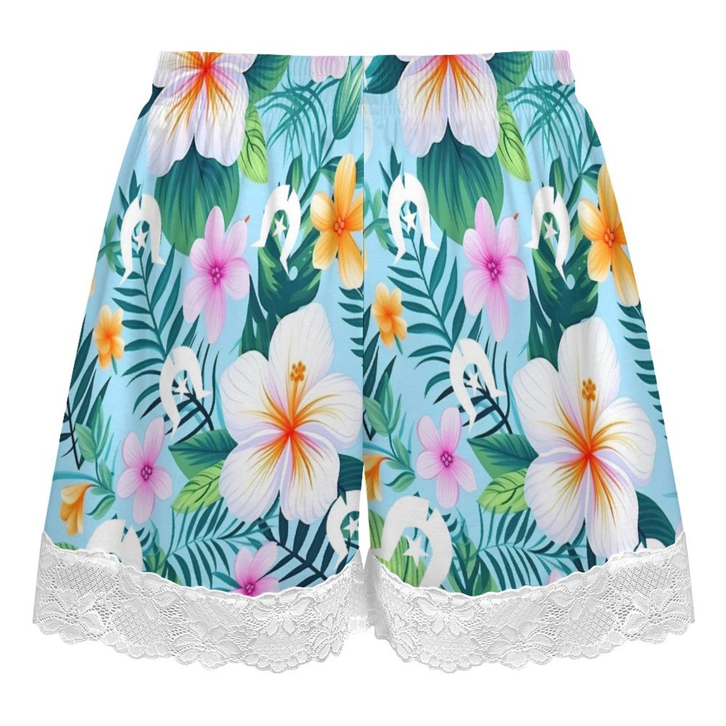 Pink Hibiscus flowers with White Dhari on 200gsm Women's Lace Trim Pajama Shorts