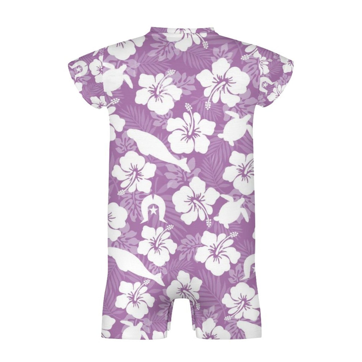 White hibiscus flowers with Dhari, Shark and Turtle (Purple) on Faux Cotton Short Sleeve Baby Bodysuit Romper