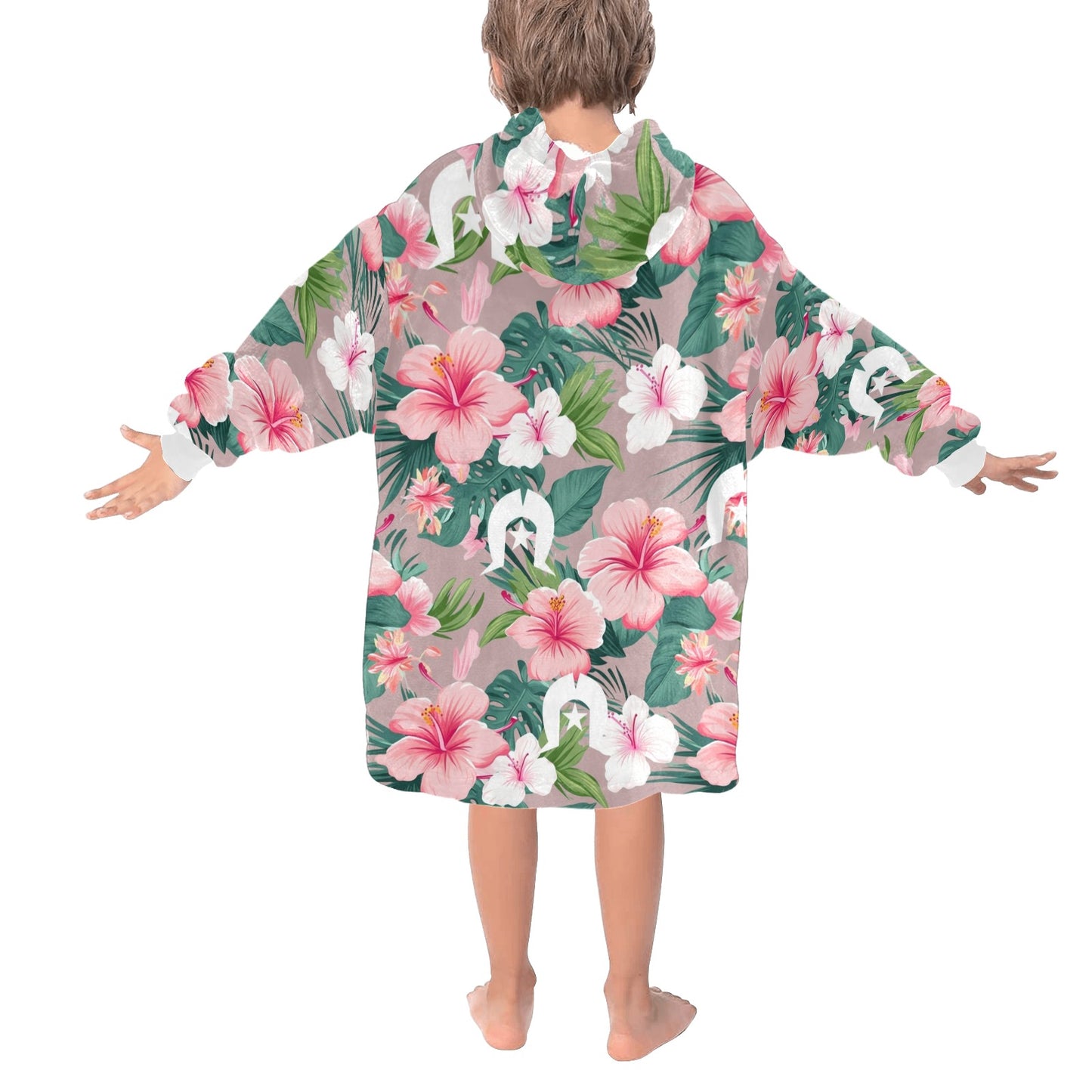 Pink Hibiscus flowers with White Dhari on Blanket Hoodie for Kids