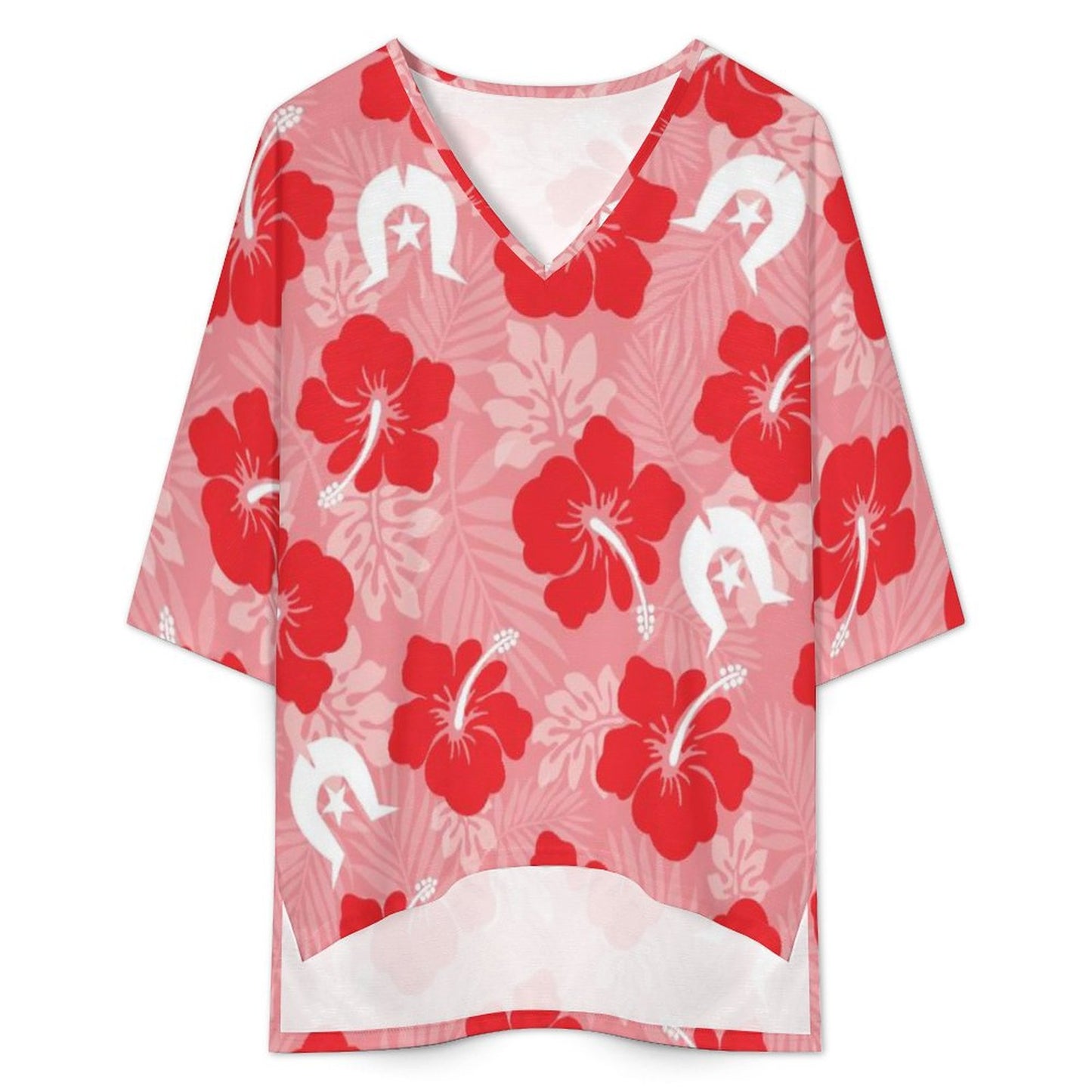 Hibiscus flowers with Dhari (Royal Pink) on Mediterranean Style V-Neck Suit