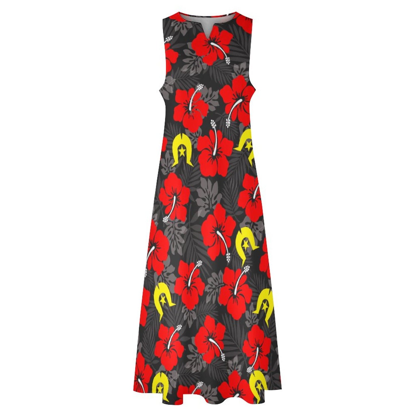 Royal Red Hibiscus with Yellow Dhari on Sleeveless Ankle-length Dress