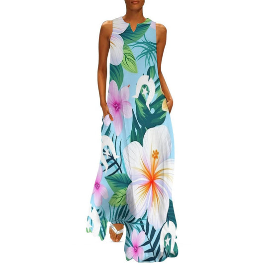 Pink Hibiscus flowers with White Dhari on Sleeveless Ankle-length Dress