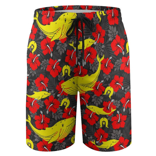 Royal Red Hibiscus with Yellow Dhari, Whale and Dolphin on Kid's Beach Pants