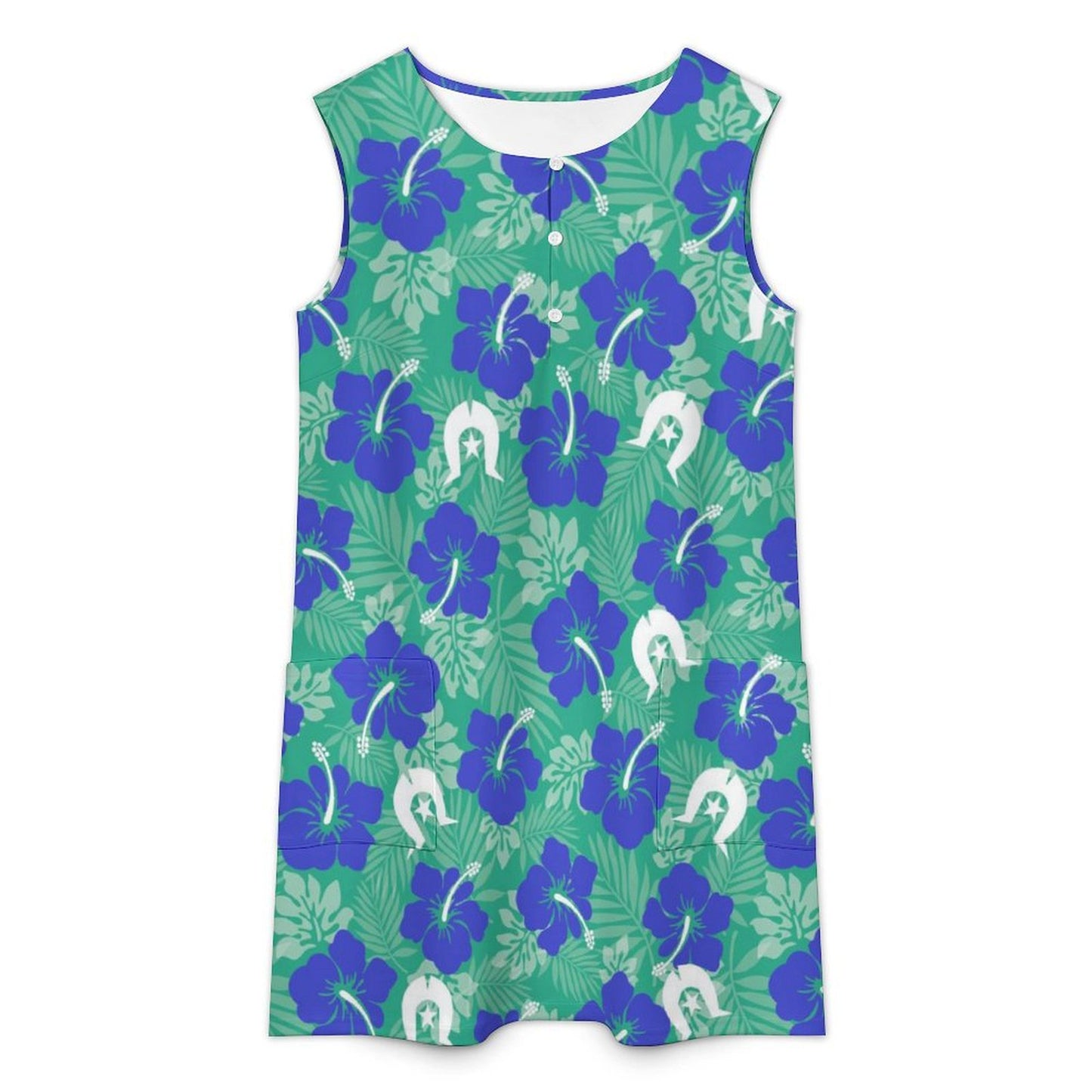 Blue Hibiscus flowers with Dhari on Sleeveless Pocket Dress