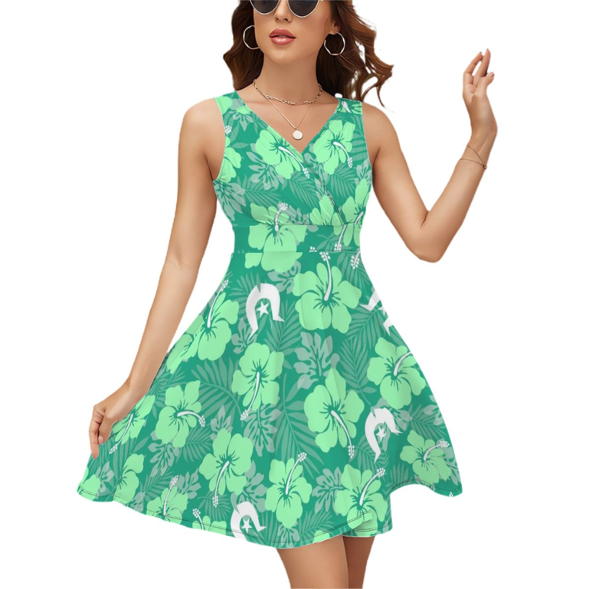Hibiscus flowers with Dhari (Royal mint) on Sleeveless V Neck Dress