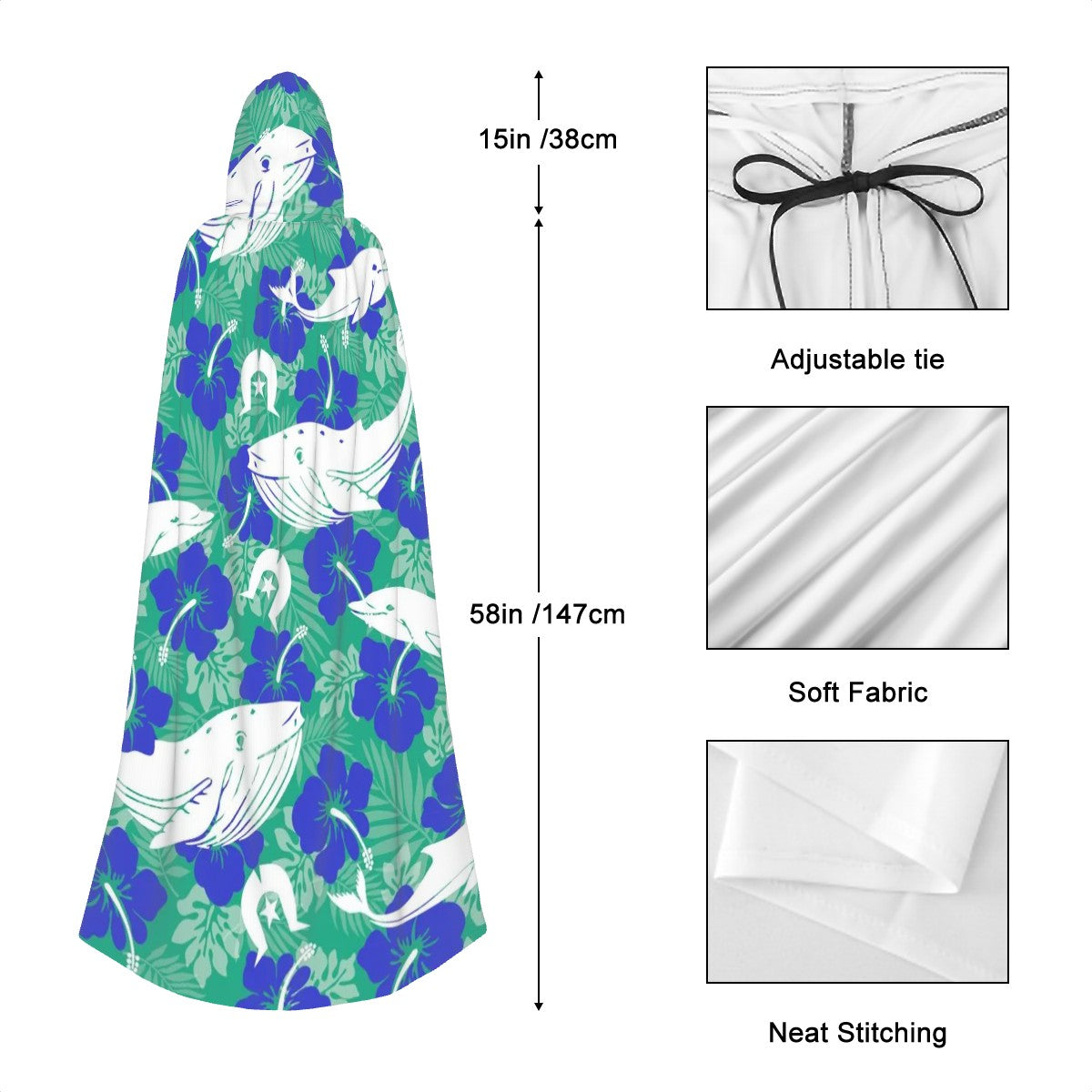 Royal Blue Hibiscus flowers with Whale, Dolphin and Dhari on Hooded Cloak