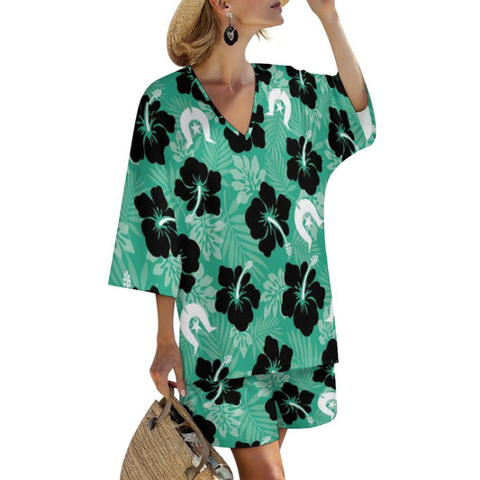 Black Hibiscus with White Dhari on Mediterranean Style V-Neck Suit