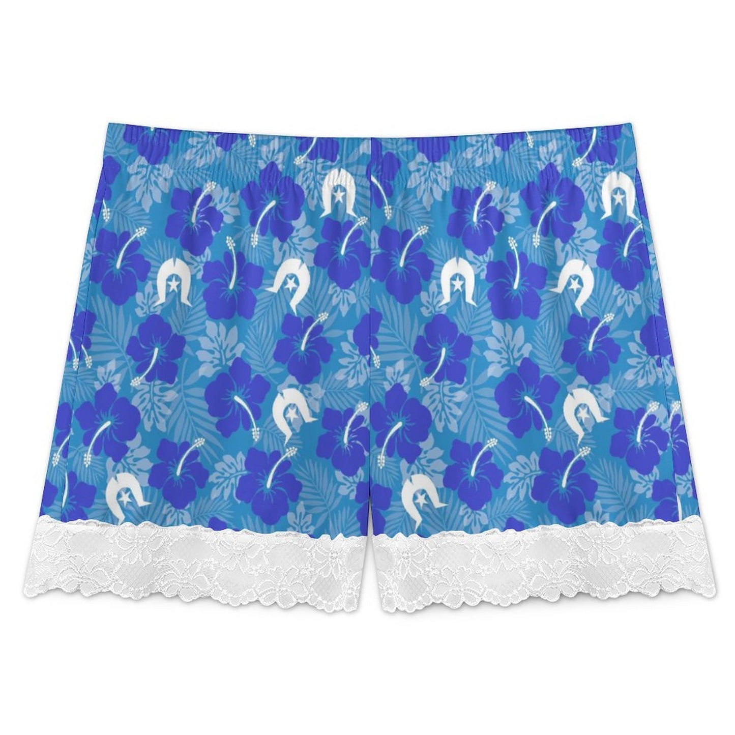 Hibiscus flowers with Dhari (Royal blue) on 200gsm Women's Lace Trim Pajama Shorts
