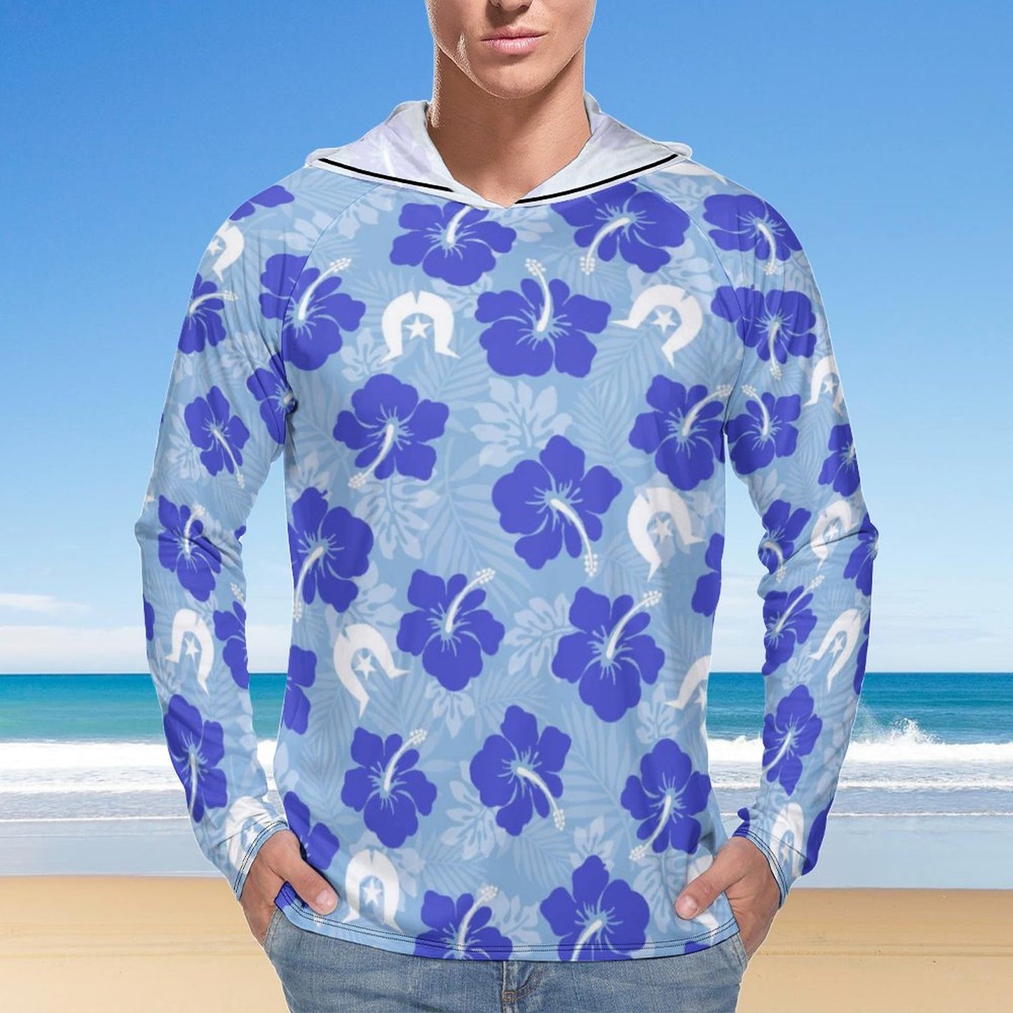 Hibiscus flowers with White Dhari (Sky blue) on Men's UPF 40+ Sun Protection Fishing Shirt