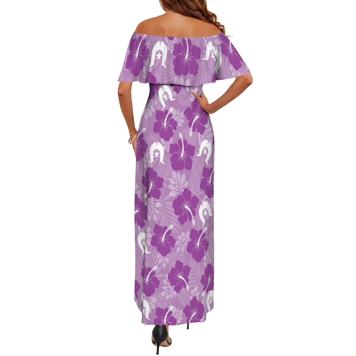Hibiscus flowers with White Dhari (Royal purple) on Women's Off Shoulder Ruffle Boat Neck Dress