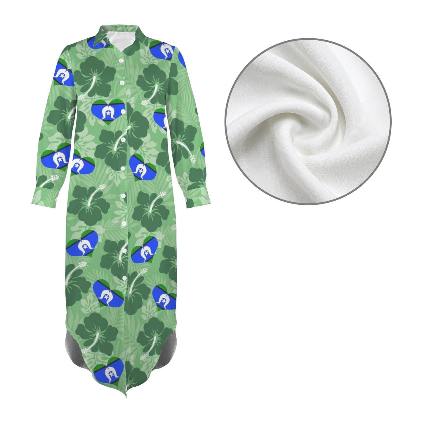 Hibiscus flowers with heart shaped Torres Strait flag (Sea Grass Green) on Button Long Sleeve Shirt Dress