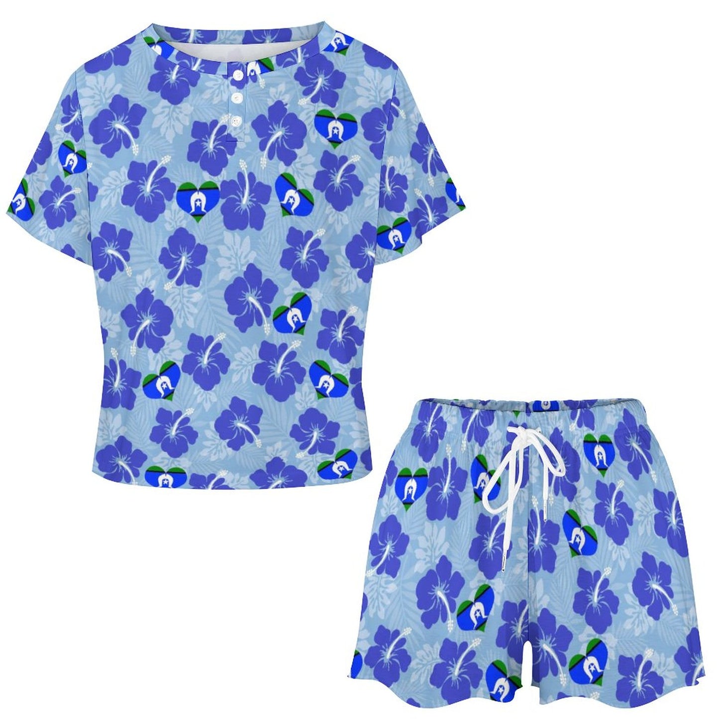 Blue Hibiscus flowers with Torres Strait Heart Flag on Short Sleeve Loungewear Set