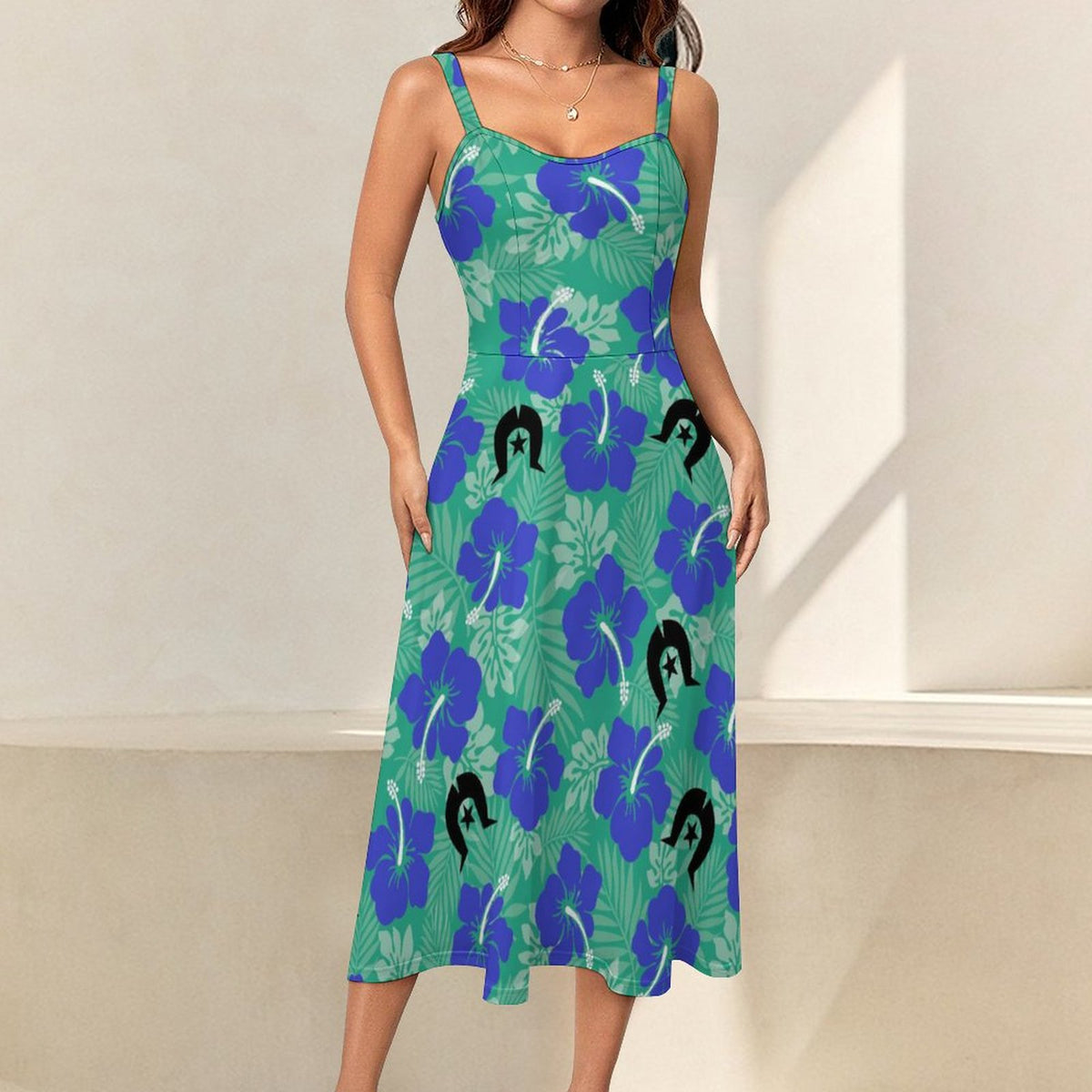 Royal Blue Hibiscus flowers with Black Dhari on Midi Spaghetti Strap Dress