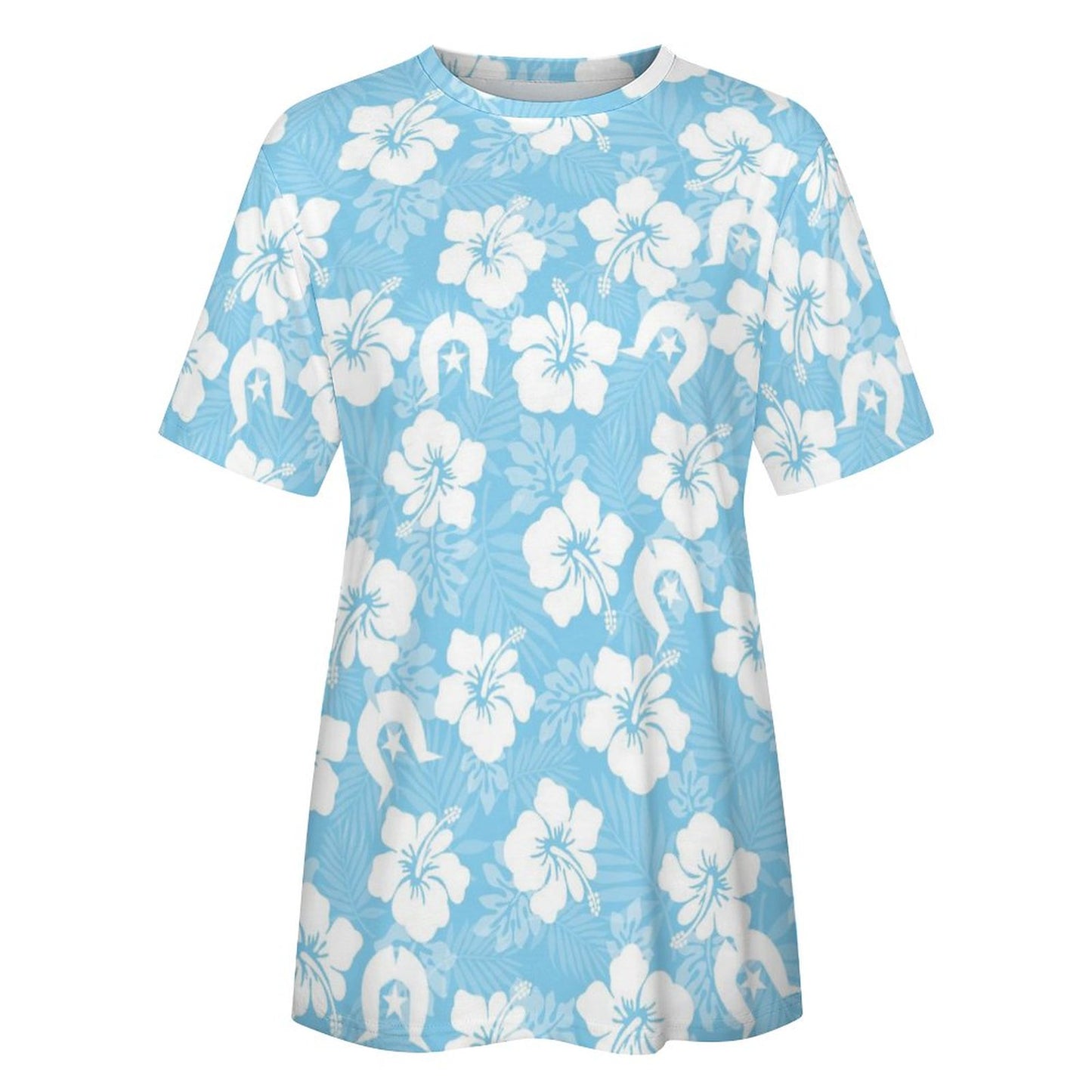 White Hibiscus and Dhari (blue) on Cotton Summer Short Sleeve T-Shirts for Women