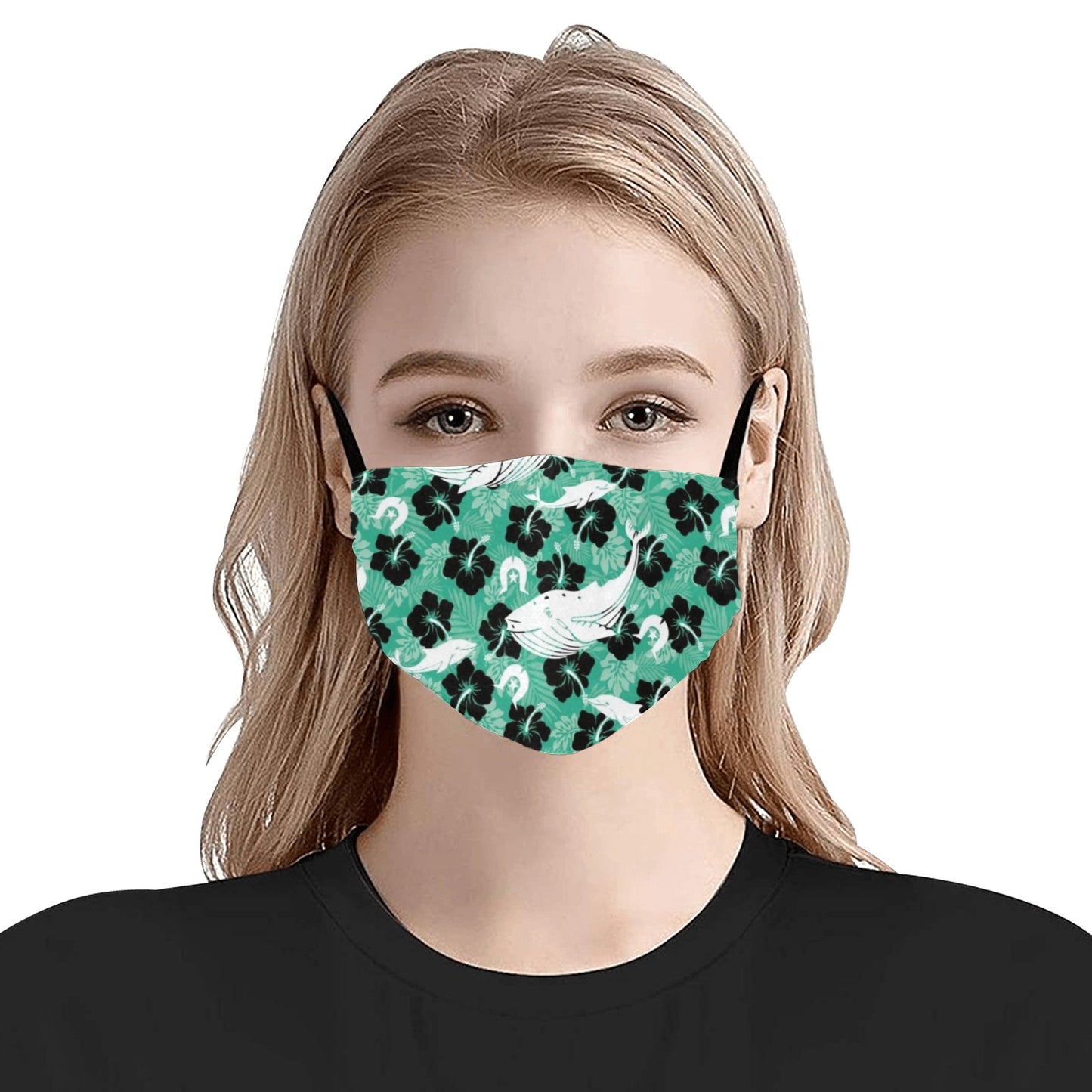 Black Hibiscus with Whale, Dolphin and Dhari on Cotton Facemask with Adjustable Strip (ModelM07) (Made In AUS)